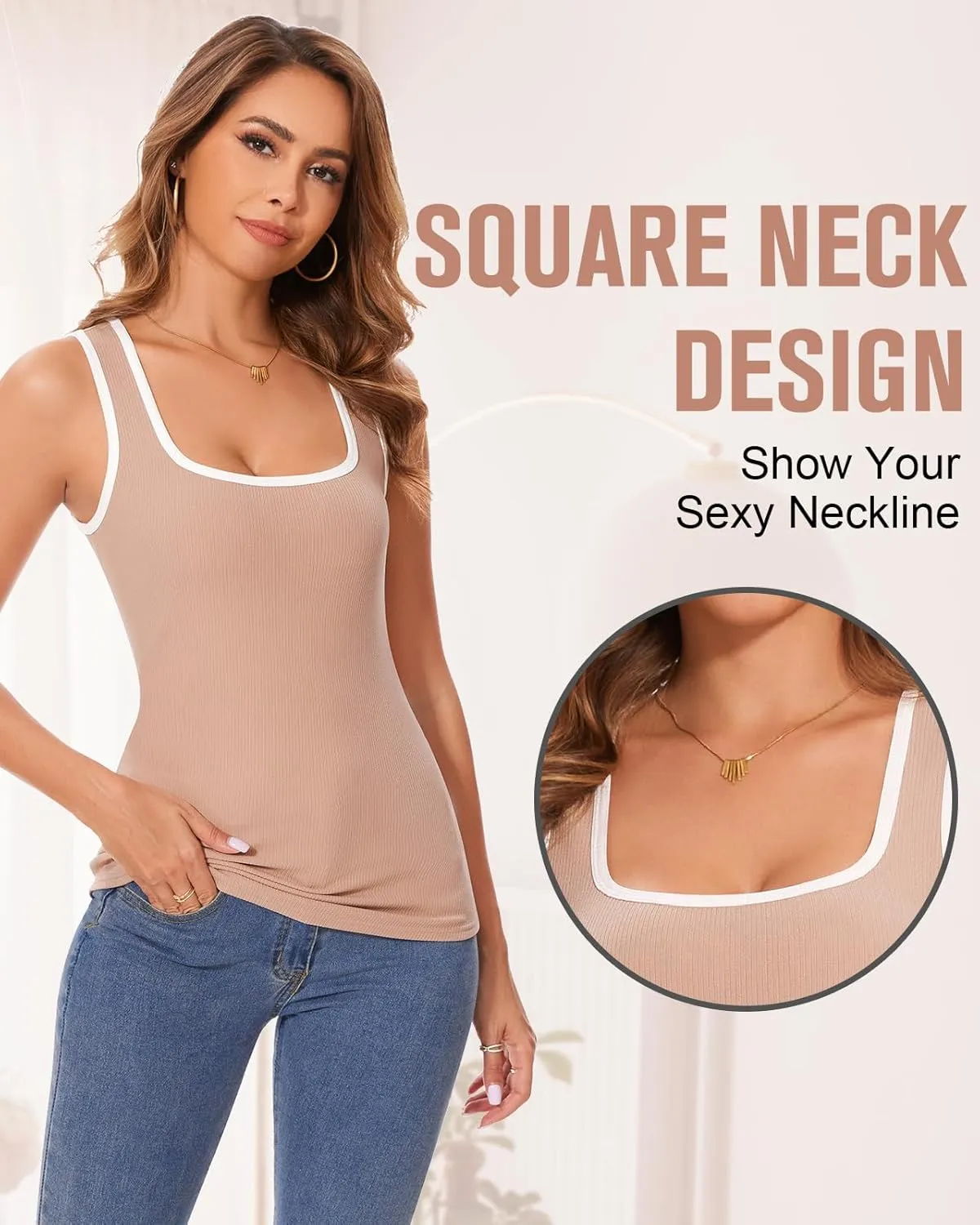 WOWENY Sleeveless Thermal Fleece Tank Top for Women Square Neck Tops Camisole Warm Base Layer Cami Vest Underwear