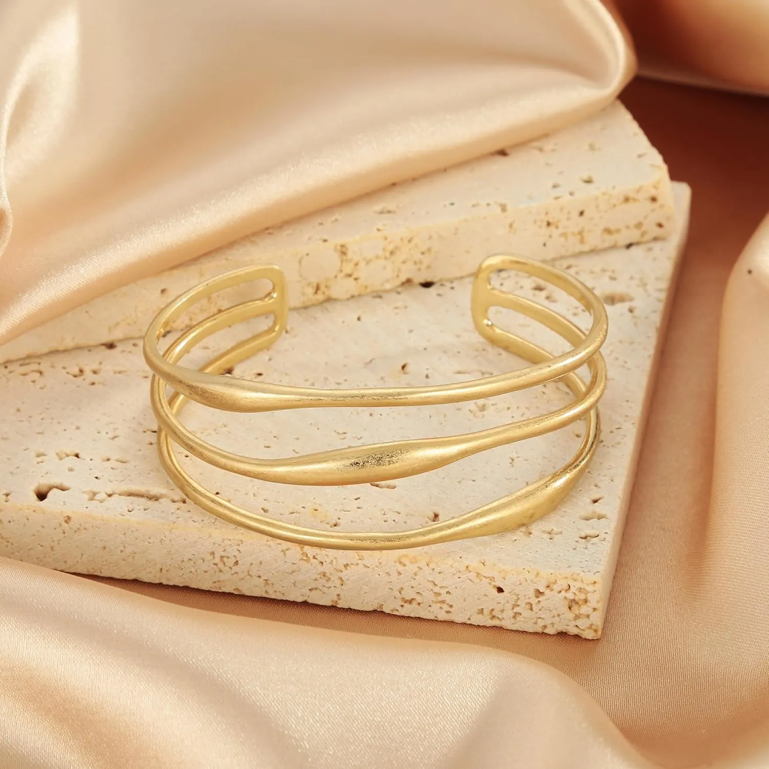 WOWORAMA Chunky Cuff Bracelets for Women Multi-layer Cross Wire Open Bangle Bracelet Adjustable Chunky Wide Open Wrist Arm Cuffs Wrap Bracelet Gold/White Gold