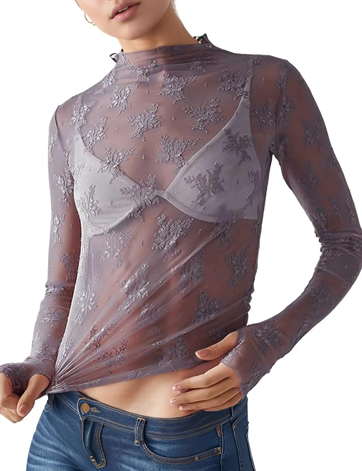 Wyeysyt Lace Tops for Women, Mesh Top Long Sleeve Floral Lace Blouse, Sheer Mesh Mock Neck Layering Top