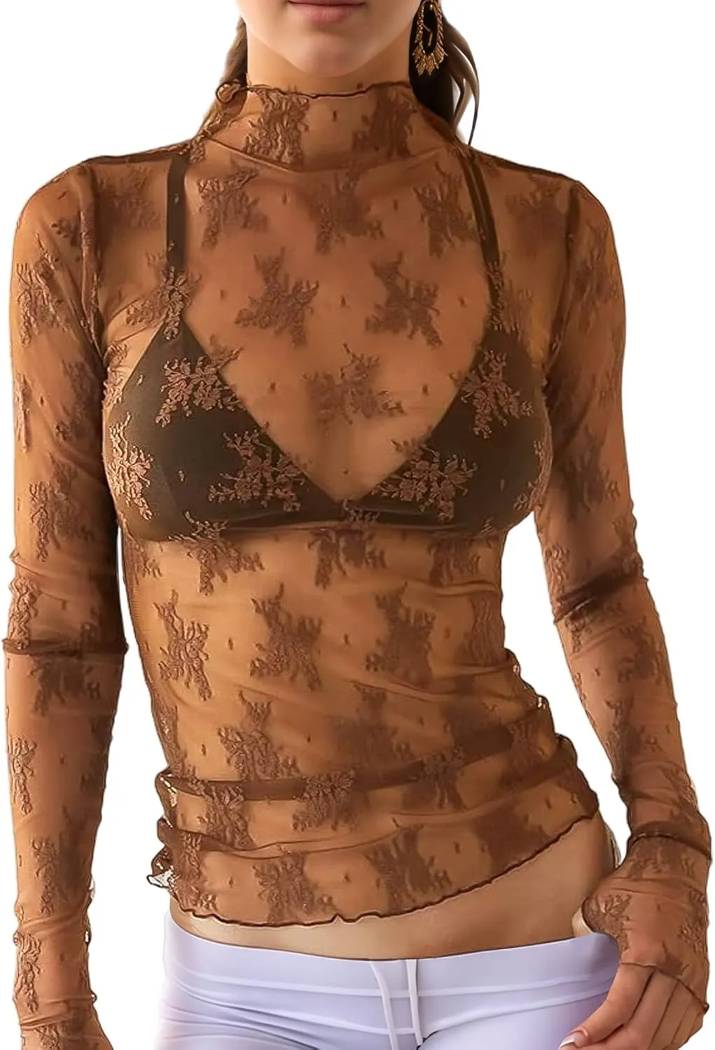 Wyeysyt Lace Tops for Women, Mesh Top Long Sleeve Floral Lace Blouse, Sheer Mesh Mock Neck Layering Top
