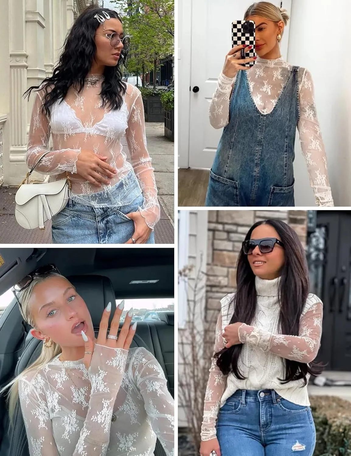 Wyeysyt Lace Tops for Women, Mesh Top Long Sleeve Floral Lace Blouse, Sheer Mesh Mock Neck Layering Top