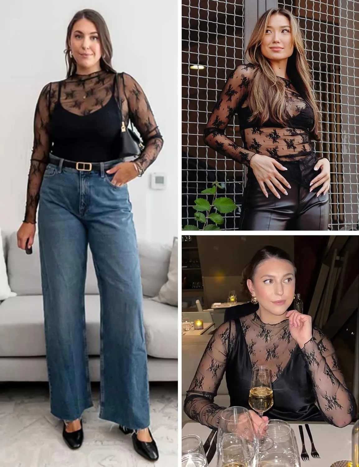 Wyeysyt Lace Tops for Women, Mesh Top Long Sleeve Floral Lace Blouse, Sheer Mesh Mock Neck Layering Top