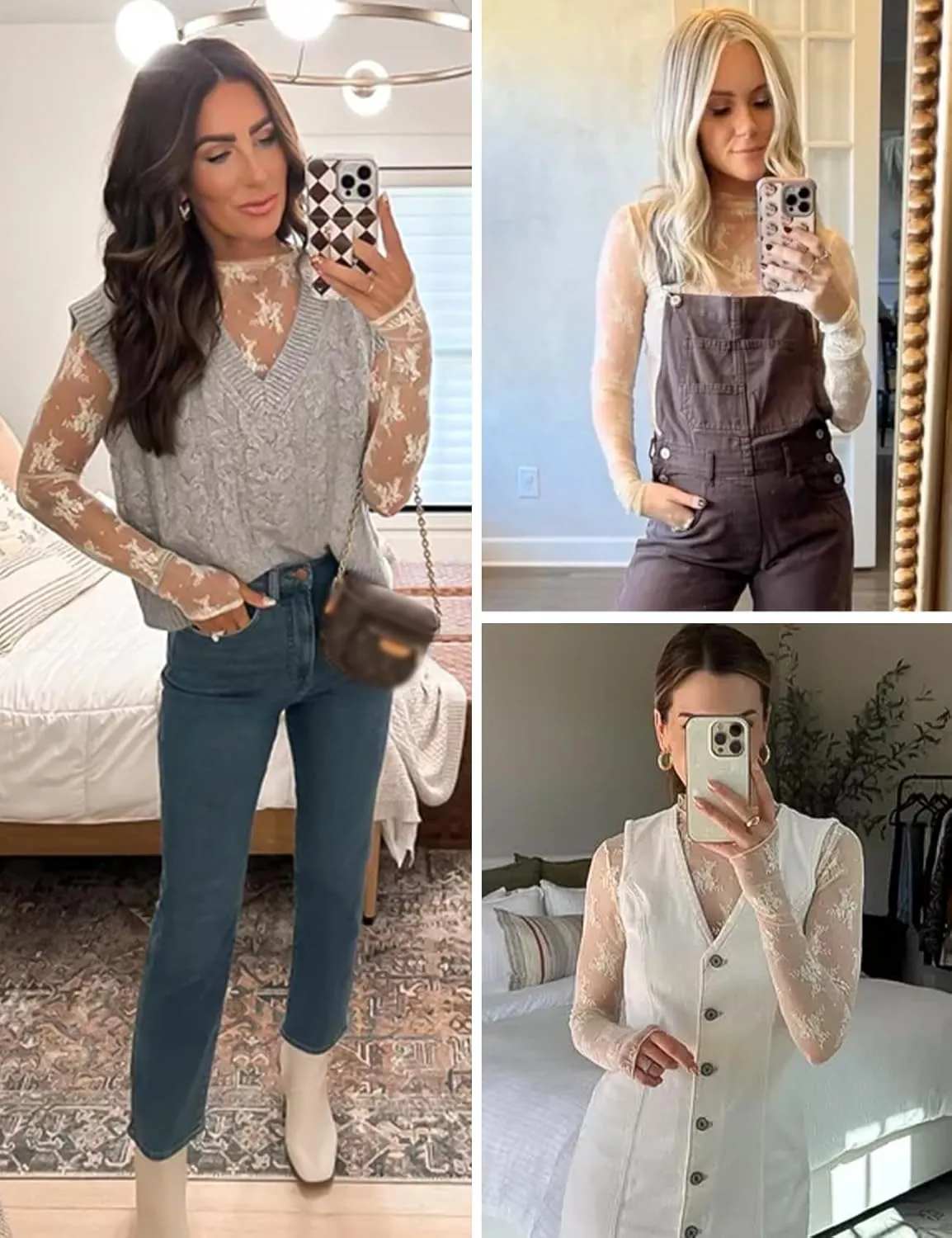 Wyeysyt Lace Tops for Women, Mesh Top Long Sleeve Floral Lace Blouse, Sheer Mesh Mock Neck Layering Top