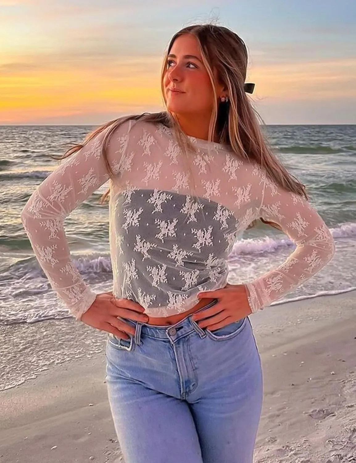 Wyeysyt Lace Tops for Women, Mesh Top Long Sleeve Floral Lace Blouse, Sheer Mesh Mock Neck Layering Top