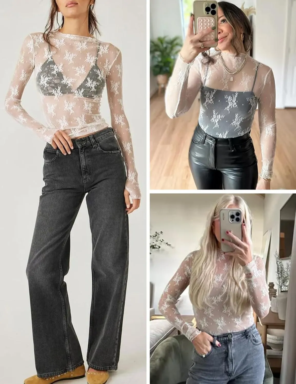 Wyeysyt Lace Tops for Women, Mesh Top Long Sleeve Floral Lace Blouse, Sheer Mesh Mock Neck Layering Top