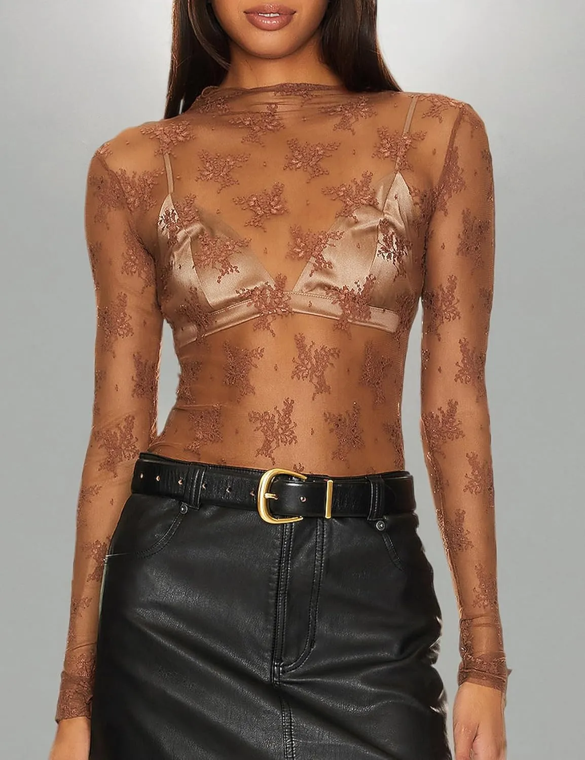 Wyeysyt Lace Tops for Women, Mesh Top Long Sleeve Floral Lace Blouse, Sheer Mesh Mock Neck Layering Top