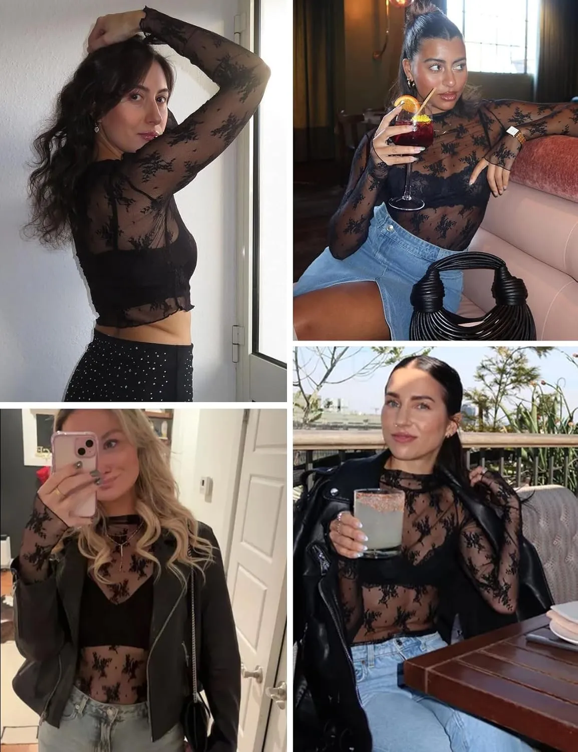 Wyeysyt Lace Tops for Women, Mesh Top Long Sleeve Floral Lace Blouse, Sheer Mesh Mock Neck Layering Top