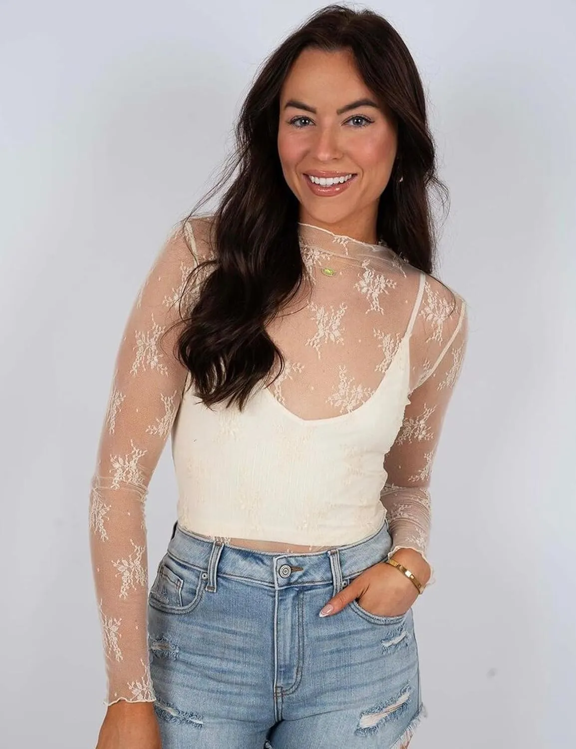 Wyeysyt Lace Tops for Women, Mesh Top Long Sleeve Floral Lace Blouse, Sheer Mesh Mock Neck Layering Top