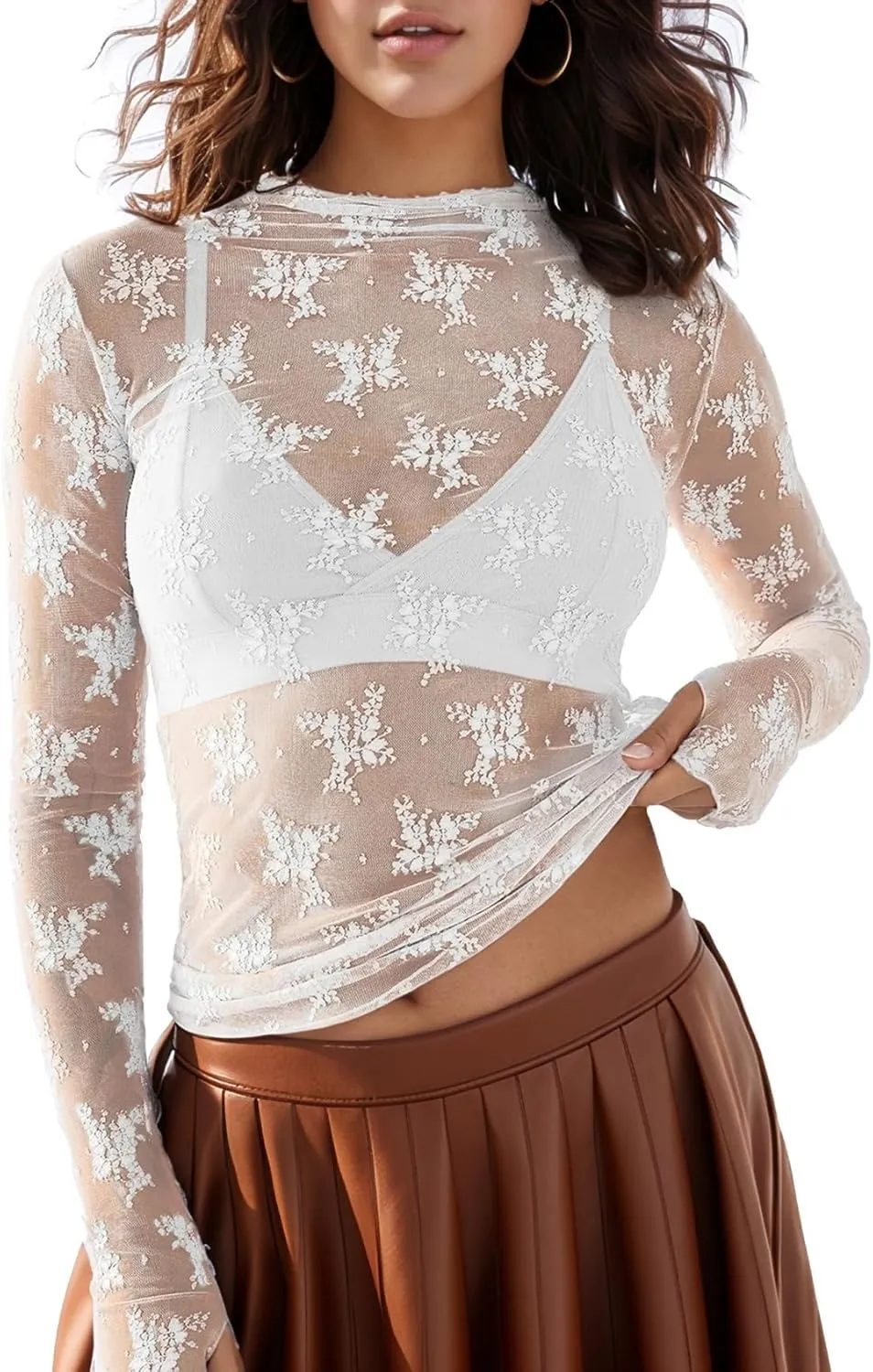 Wyeysyt Lace Tops for Women, Mesh Top Long Sleeve Floral Lace Blouse, Sheer Mesh Mock Neck Layering Top