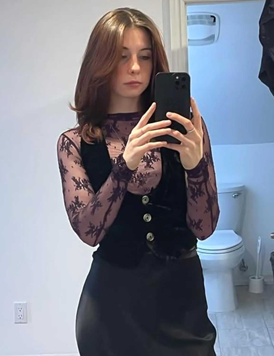 Wyeysyt Lace Tops for Women, Mesh Top Long Sleeve Floral Lace Blouse, Sheer Mesh Mock Neck Layering Top