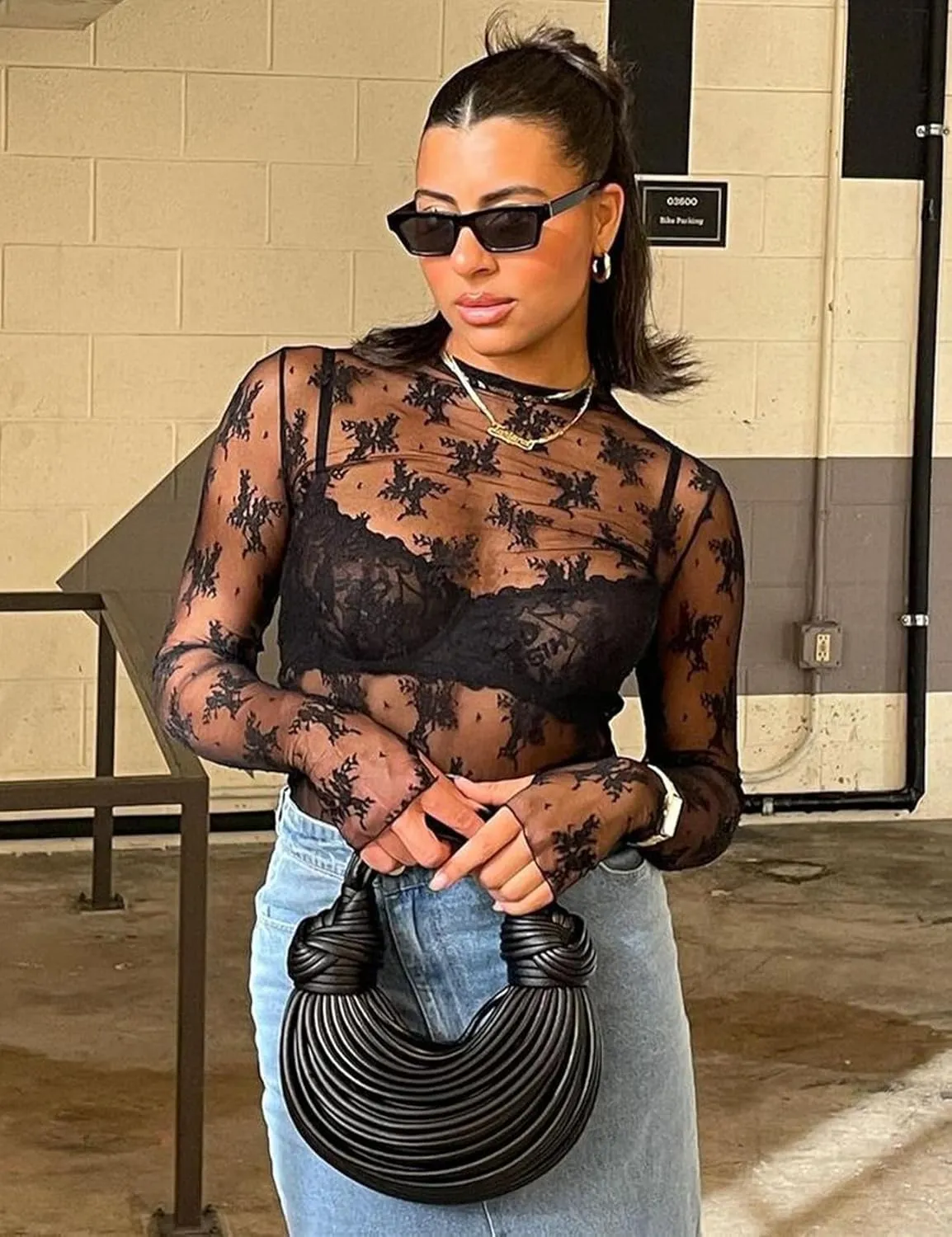 Wyeysyt Lace Tops for Women, Mesh Top Long Sleeve Floral Lace Blouse, Sheer Mesh Mock Neck Layering Top