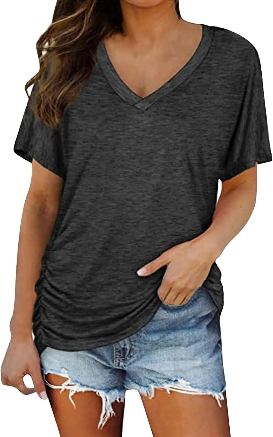 XIAOBU Leisure T-Shirt Women's Loose V Neck Short Sleeve Tunic Tops Shirred Side Hem Solid Soft Cozy Tee Shirt
