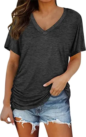 XIAOBU Leisure T-Shirt Women's Loose V Neck Short Sleeve Tunic Tops Shirred Side Hem Solid Soft Cozy Tee Shirt