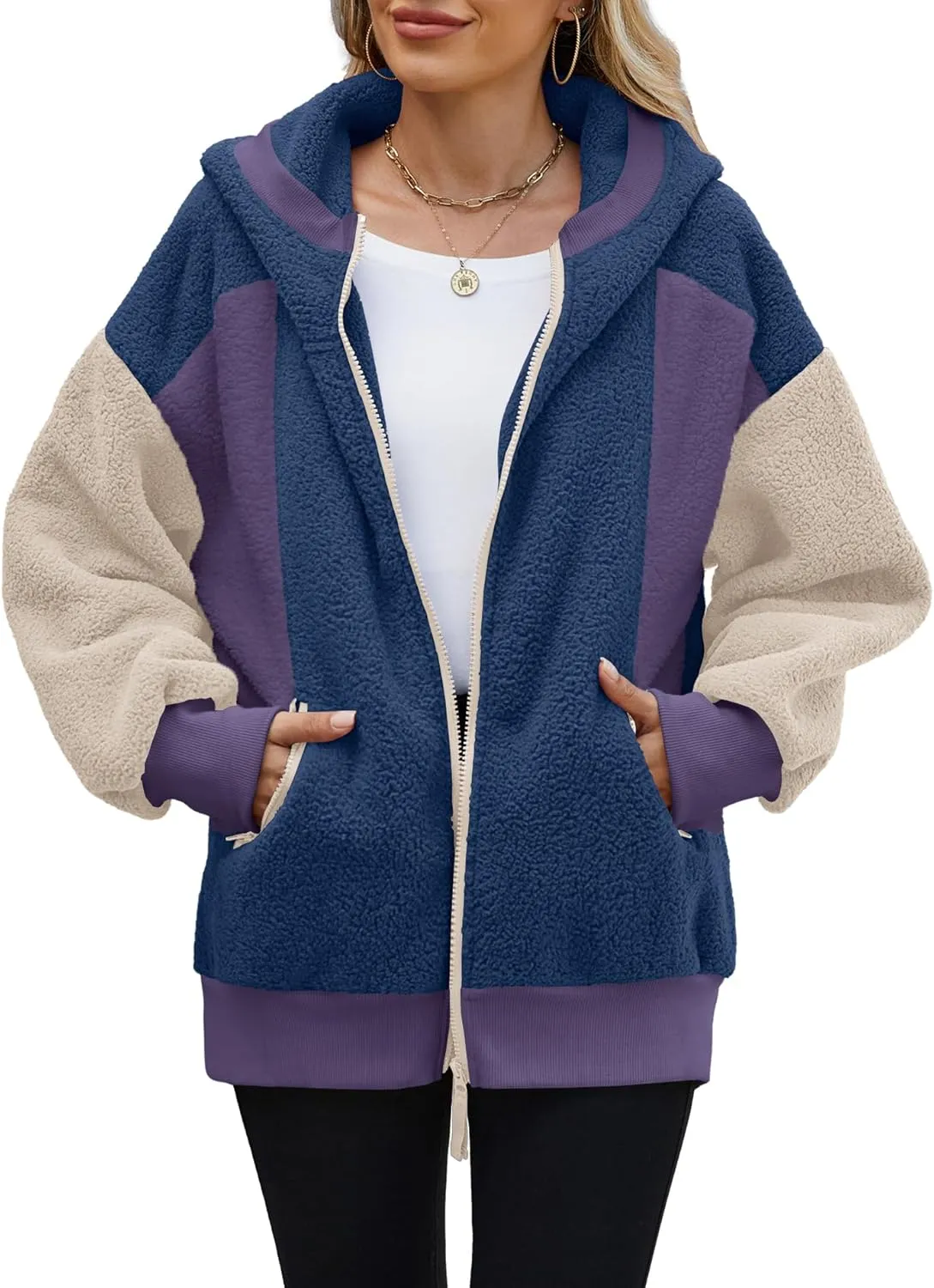 Yanekop Womens Oversized Sherpa Jacket Cozy Color Block Fleece Jacket Fuzzy Zip Up Hoodies Outerwear with Pockets