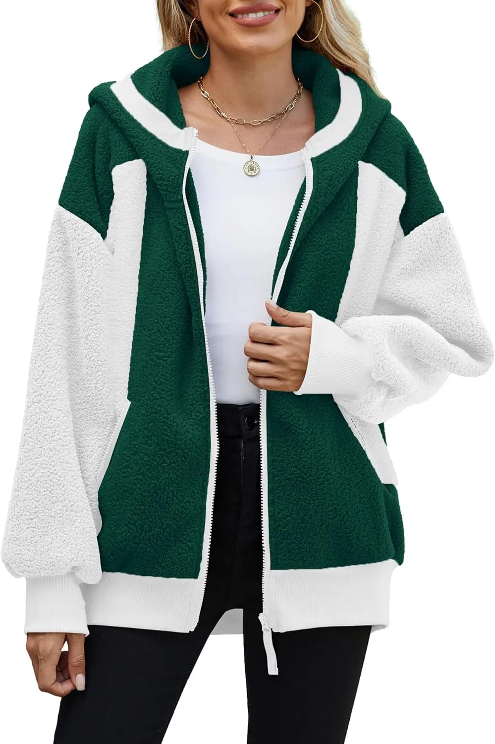 Yanekop Womens Oversized Sherpa Jacket Cozy Color Block Fleece Jacket Fuzzy Zip Up Hoodies Outerwear with Pockets