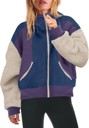 Yanekop Womens Oversized Sherpa Jacket Cozy Color Block Fleece Jacket Fuzzy Zip Up Hoodies Outerwear with Pockets