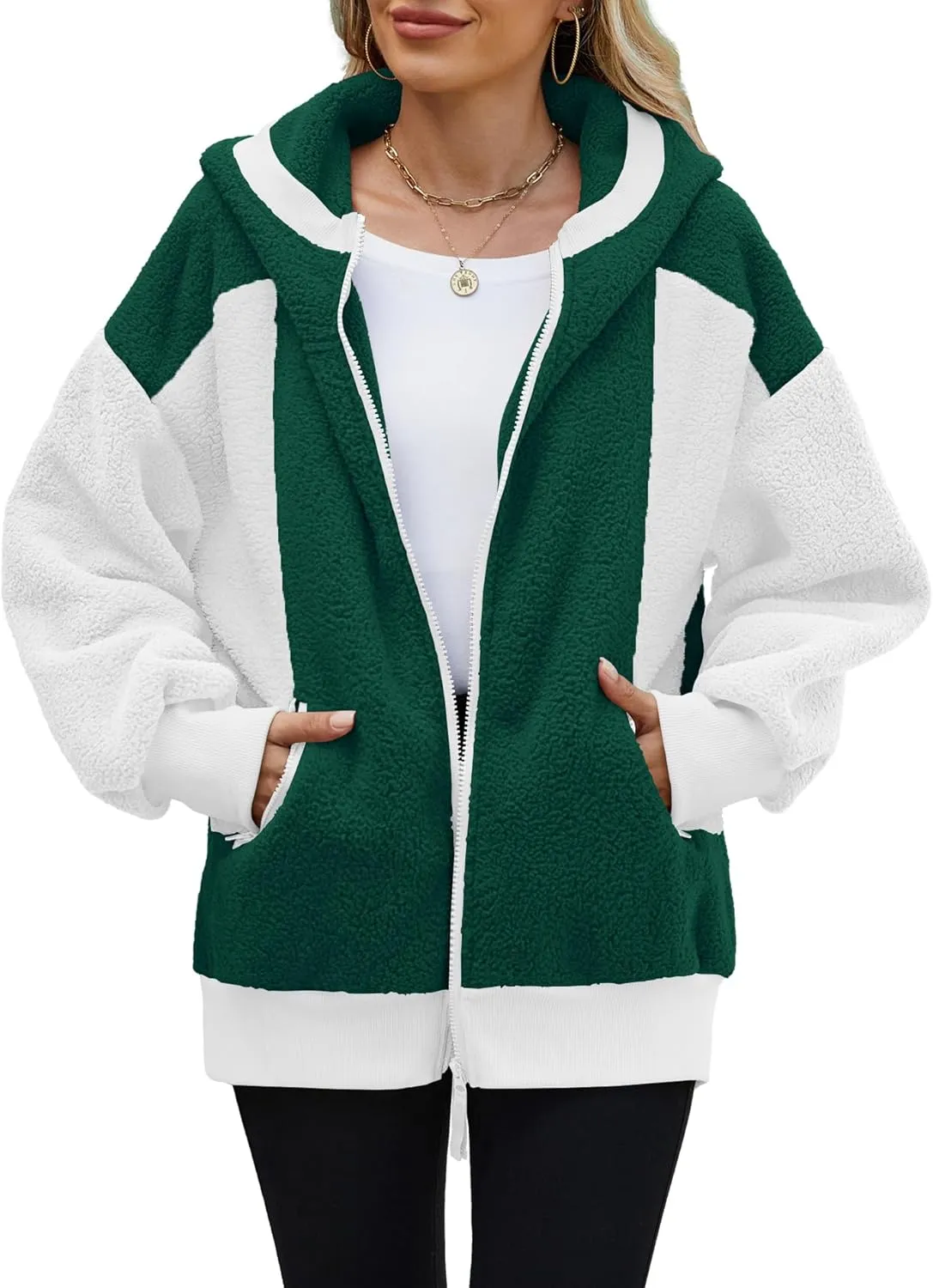 Yanekop Womens Oversized Sherpa Jacket Cozy Color Block Fleece Jacket Fuzzy Zip Up Hoodies Outerwear with Pockets