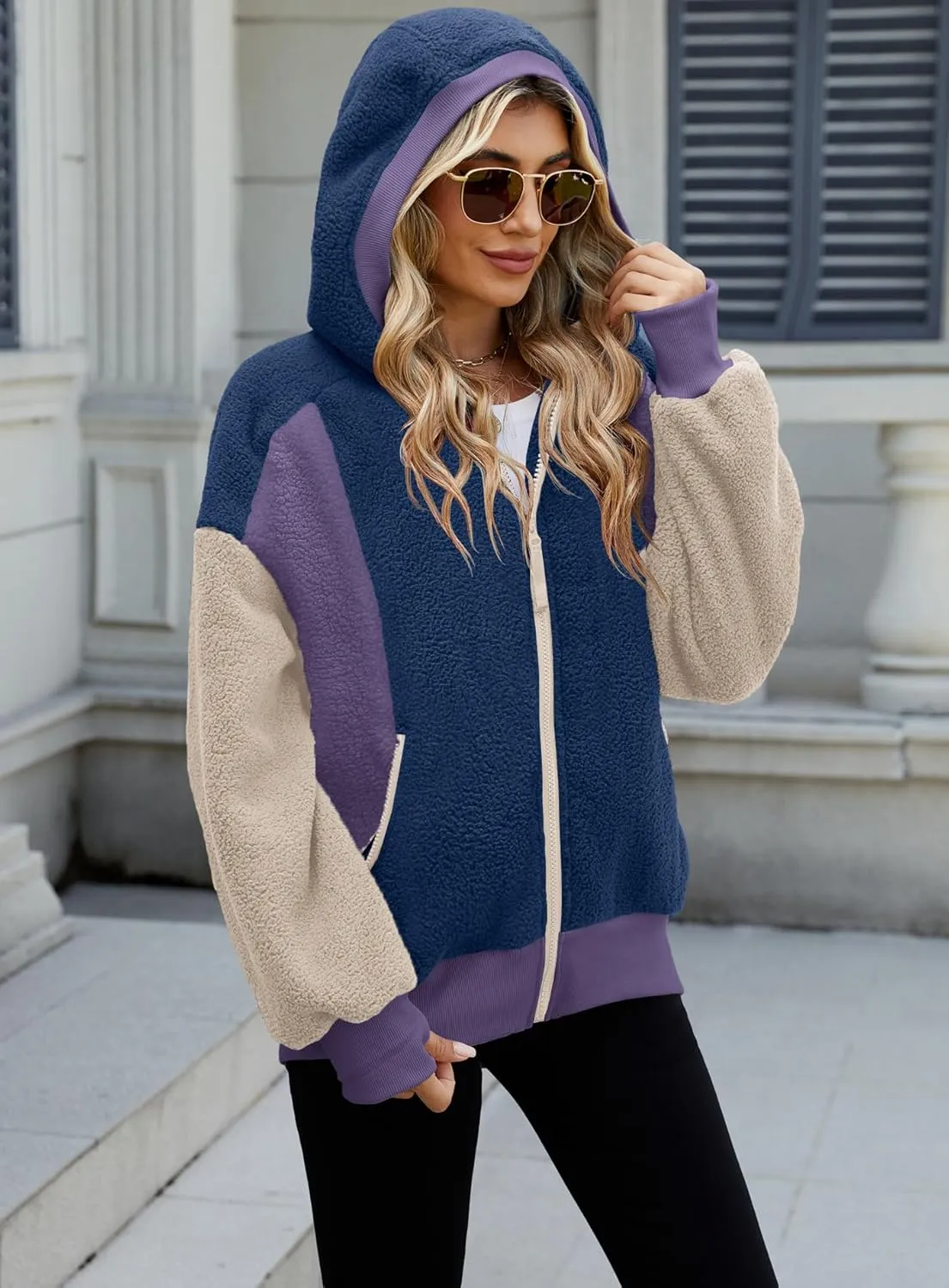 Yanekop Womens Oversized Sherpa Jacket Cozy Color Block Fleece Jacket Fuzzy Zip Up Hoodies Outerwear with Pockets