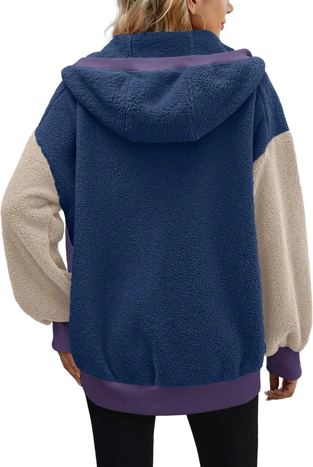 Yanekop Womens Oversized Sherpa Jacket Cozy Color Block Fleece Jacket Fuzzy Zip Up Hoodies Outerwear with Pockets