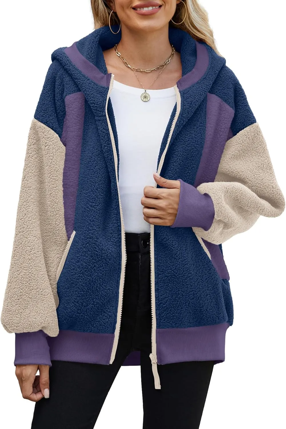 Yanekop Womens Oversized Sherpa Jacket Cozy Color Block Fleece Jacket Fuzzy Zip Up Hoodies Outerwear with Pockets