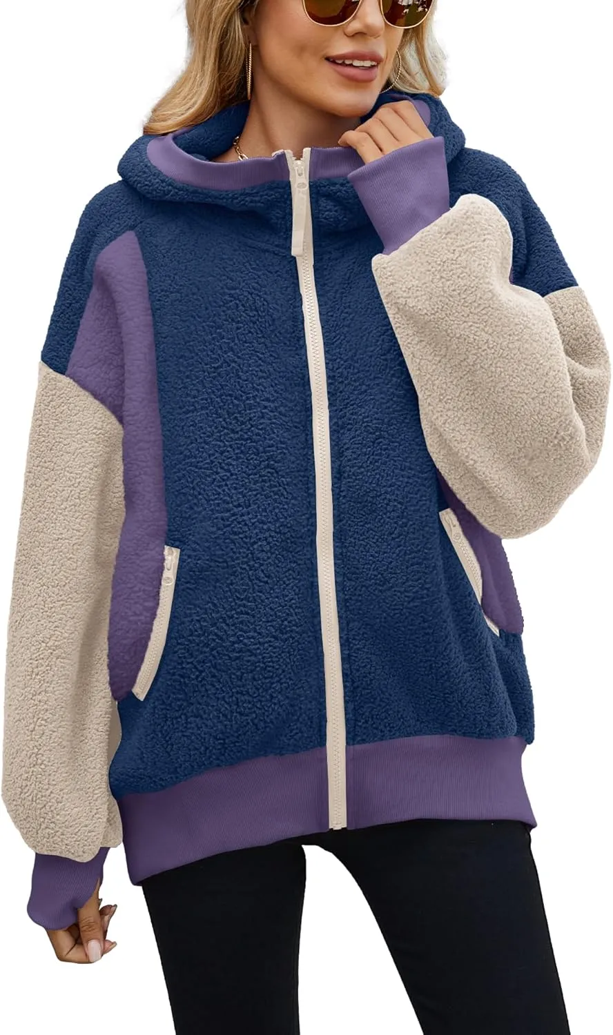 Yanekop Womens Oversized Sherpa Jacket Cozy Color Block Fleece Jacket Fuzzy Zip Up Hoodies Outerwear with Pockets