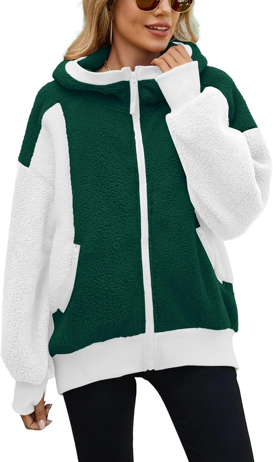 Yanekop Womens Oversized Sherpa Jacket Cozy Color Block Fleece Jacket Fuzzy Zip Up Hoodies Outerwear with Pockets