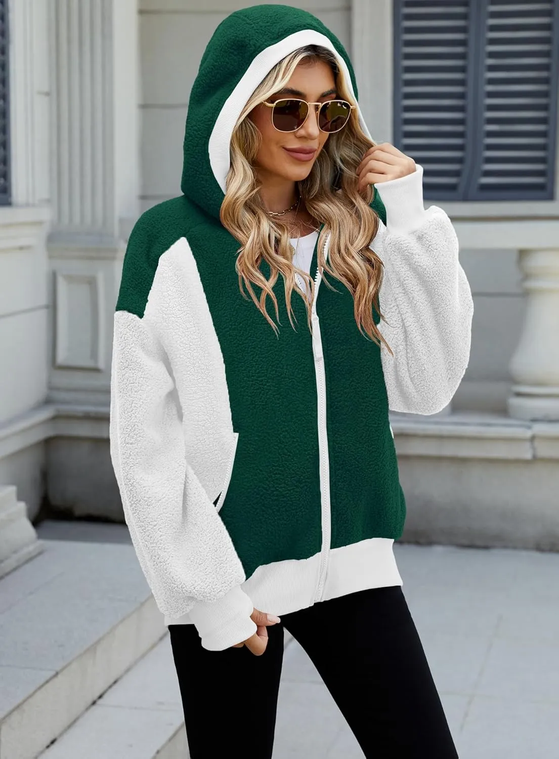 Yanekop Womens Oversized Sherpa Jacket Cozy Color Block Fleece Jacket Fuzzy Zip Up Hoodies Outerwear with Pockets