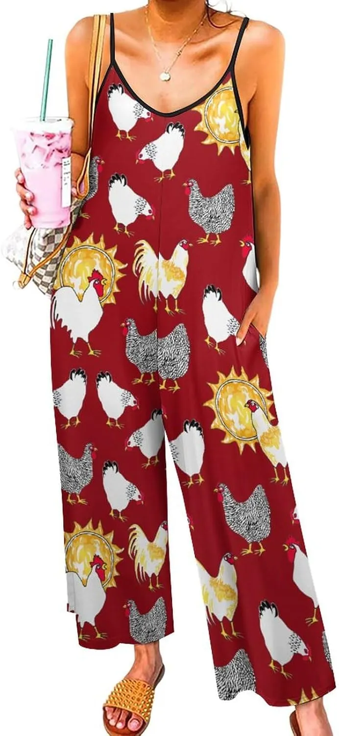 Yellow White Chicken Suspender Jumpsuit Woman Slings Vest Pants Rompers Loose Sleeveless Adjustable Strap Long Pant