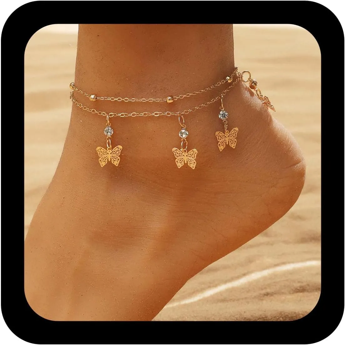 YienDoo Boho Layered Crystal Butterfly Anklet Bracelet Gold Butterfly Pendant Ankle Chain Beads Satellite Foot Chain Hawaiian Beach Hollow Butterfly Foot Jewelry for Women