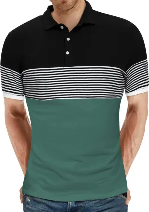 YTD Men's Short Sleeve Polo Shirts Casual Slim Fit Contrast Color Stitching Stripe Cotton Shirts