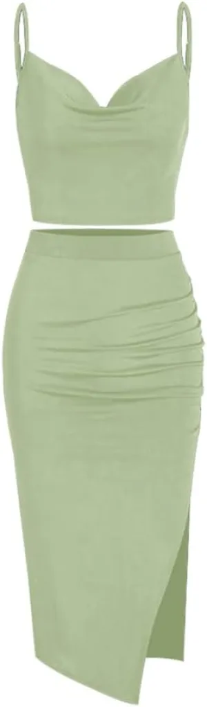 ZAFUL Women's Solid High Waisted Ruched Cowl Front Jersey Top and Ruched Skirt Set Dress (J-Light Green, L)