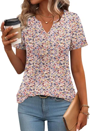 Zeagoo Womens Short Sleeve Tops Summer Henley V-Neck Tshirts Casual Pleated Blouse Dressy Loose Floral Basic Tee