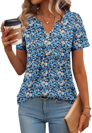 Zeagoo Womens Short Sleeve Tops Summer Henley V-Neck Tshirts Casual Pleated Blouse Dressy Loose Floral Basic Tee