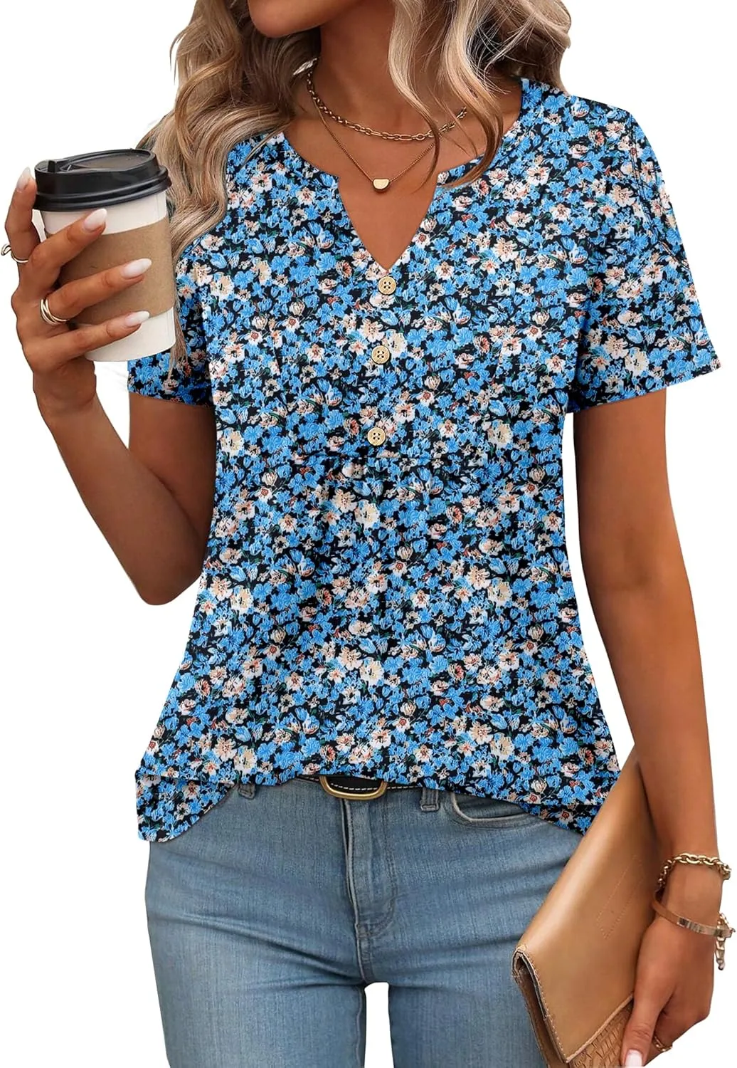 Zeagoo Womens Short Sleeve Tops Summer Henley V-Neck Tshirts Casual Pleated Blouse Dressy Loose Floral Basic Tee