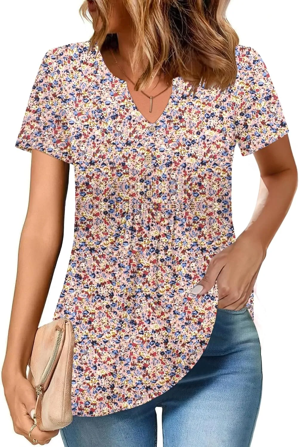 Zeagoo Womens Short Sleeve Tops Summer Henley V-Neck Tshirts Casual Pleated Blouse Dressy Loose Floral Basic Tee