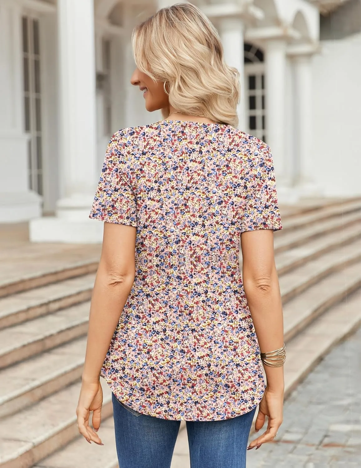 Zeagoo Womens Short Sleeve Tops Summer Henley V-Neck Tshirts Casual Pleated Blouse Dressy Loose Floral Basic Tee