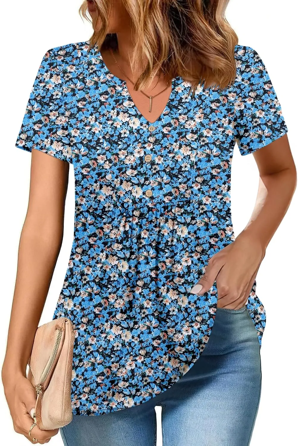 Zeagoo Womens Short Sleeve Tops Summer Henley V-Neck Tshirts Casual Pleated Blouse Dressy Loose Floral Basic Tee