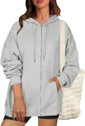Zip Up Hoodie for Women 2024 Fall Oversized Sweatshirt Cute Long Sleeve Jacket Crewneck Hooded Outerwear with Pocket