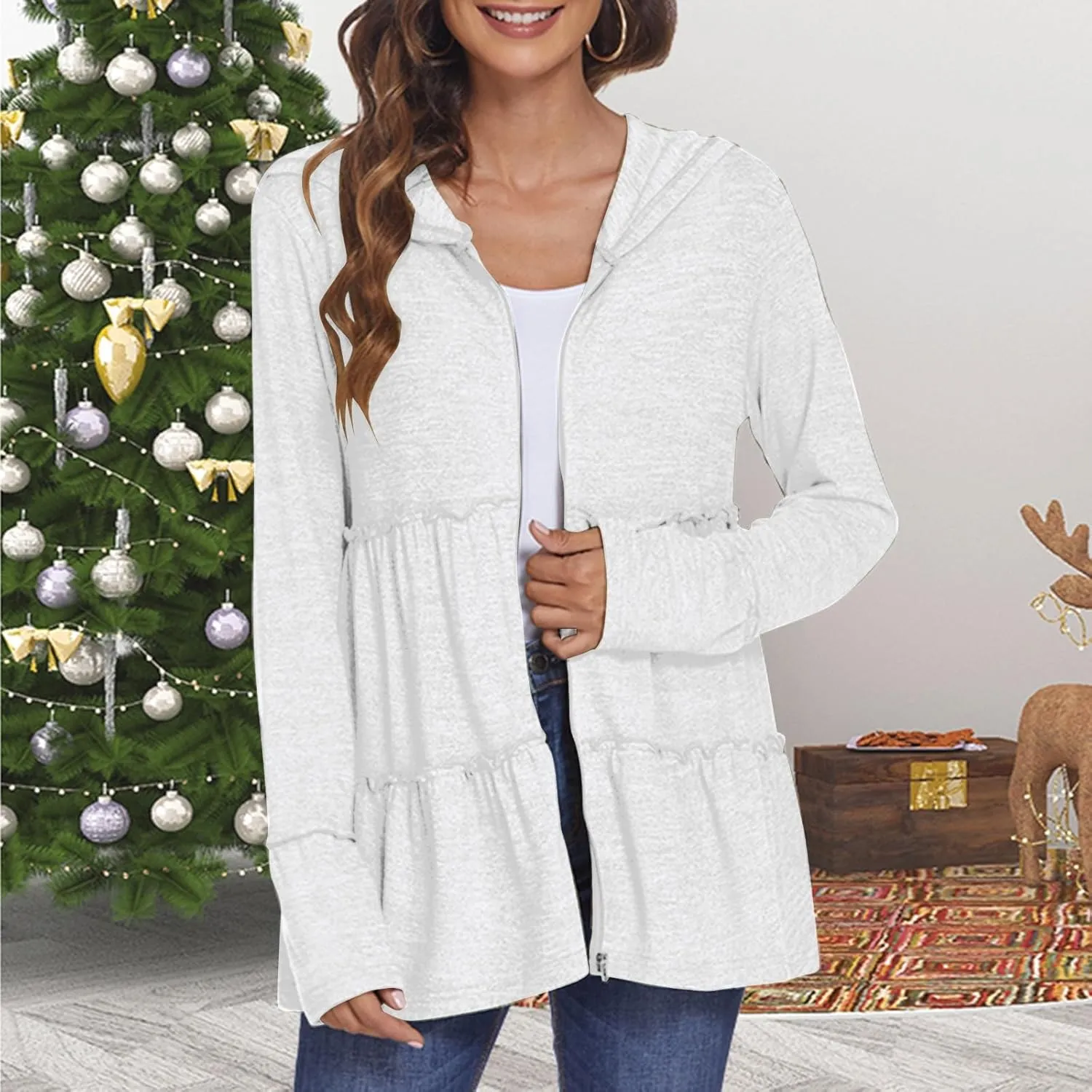 Zip Up Hoodie Women Casual Peplum Lightweight Athletic Sweat Zip Up Jackets Cute Tiered Ruffle Sweatshirt Hoodies