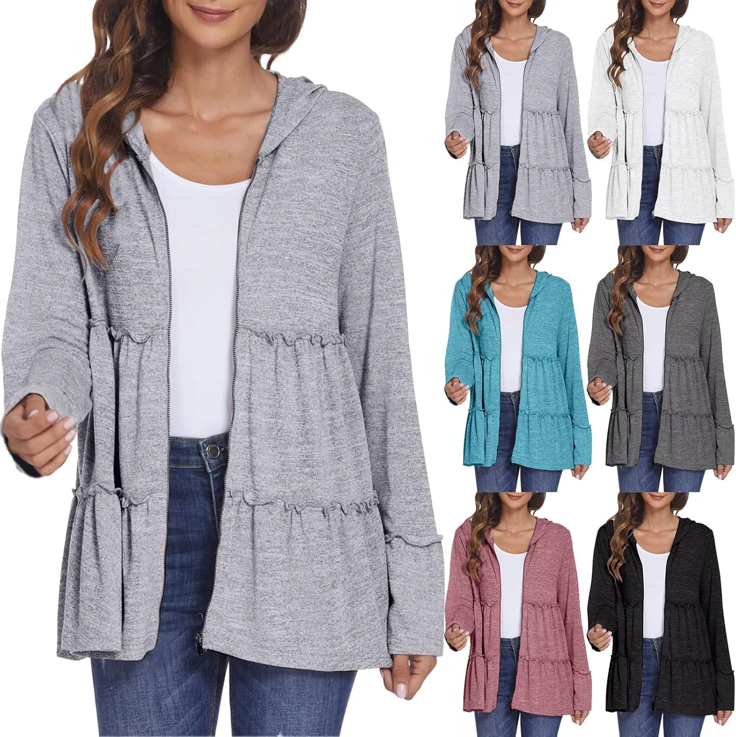 Zip Up Hoodie Women Casual Peplum Lightweight Athletic Sweat Zip Up Jackets Cute Tiered Ruffle Sweatshirt Hoodies