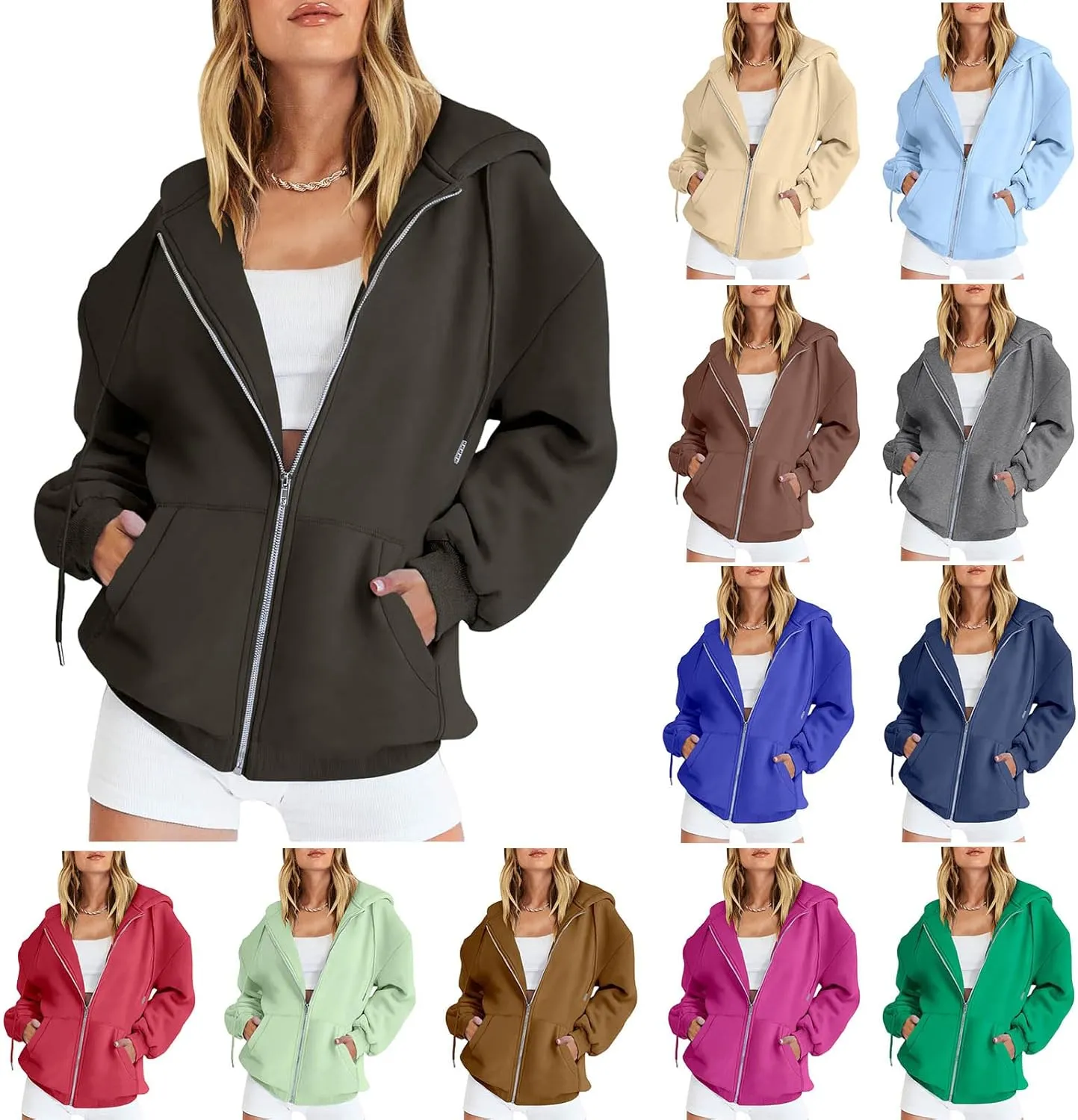 Zip Up Hoodie Women Oversized Long Sleeve Hooded Sweatshirt Jacket Casual Solid Color Hoodies 2024 Fall Outfits