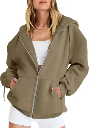 Zip Up Hoodie Women Oversized Long Sleeve Hooded Sweatshirt Jacket Casual Solid Color Hoodies 2024 Fall Outfits