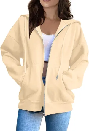 Zip Up Hoodies for Women Fashion Solid Color Outdoor Casual Sports Loose Comfortable Long Sleeve Hooded Jacket