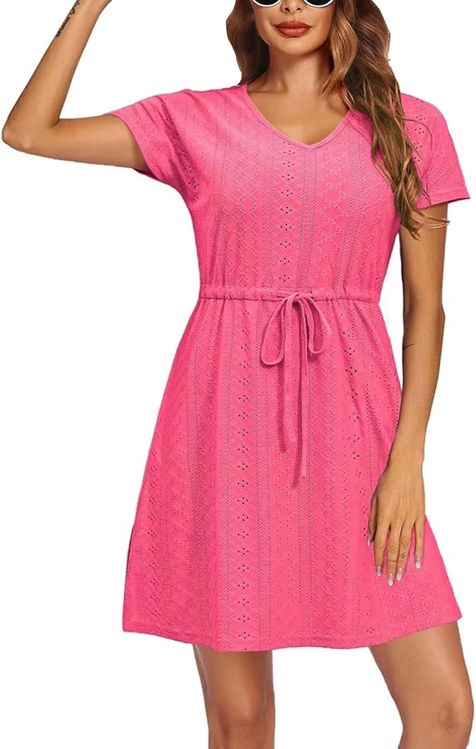 ZYXTIM Eyelet Dresses for Women 2025 Short Sleeve V Neck Hollow Out Lace Ruffle Casual Beach Vacation Summer Party Dress