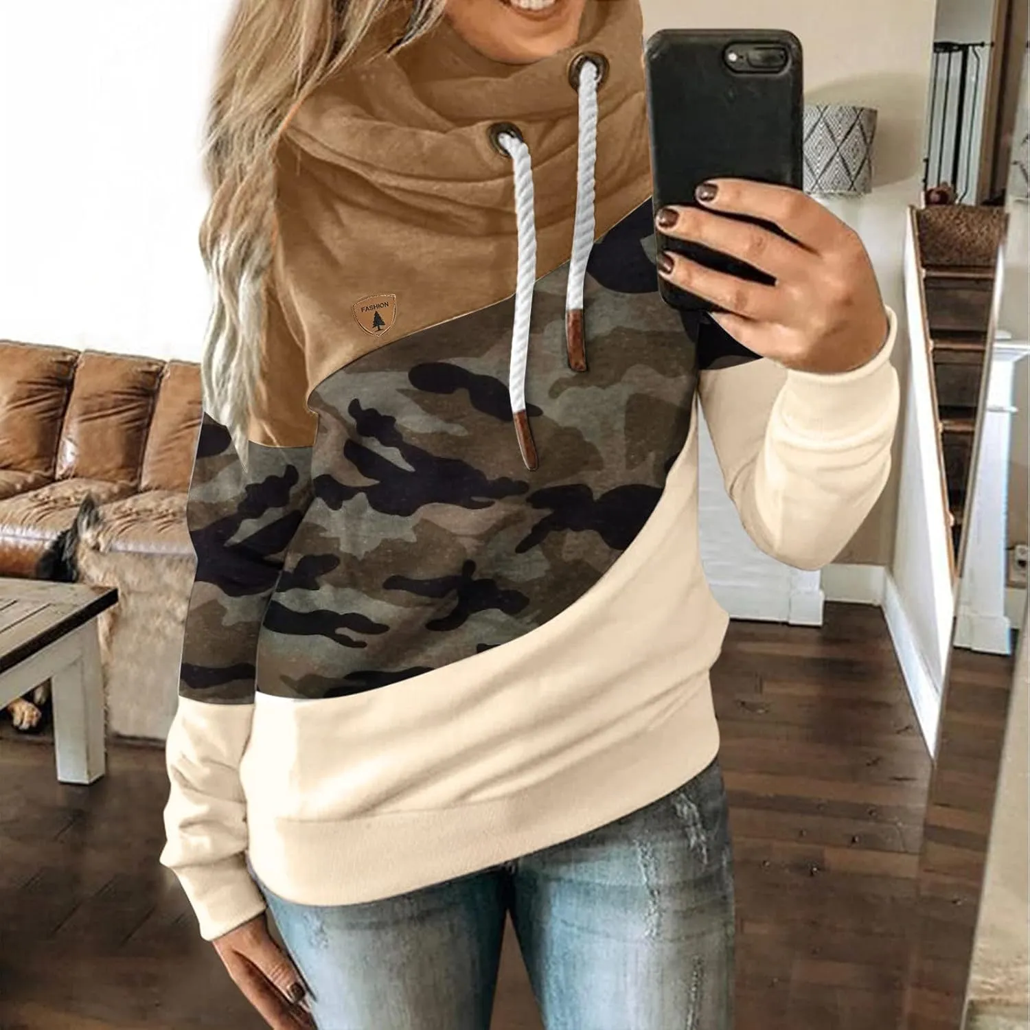 ZYXTIM Womens High Cowl Neck Hoodies, Oversize Long Sleeve Drawstring Pullover Tops Solid Casual Tunic Warm Fall Sweatshirts